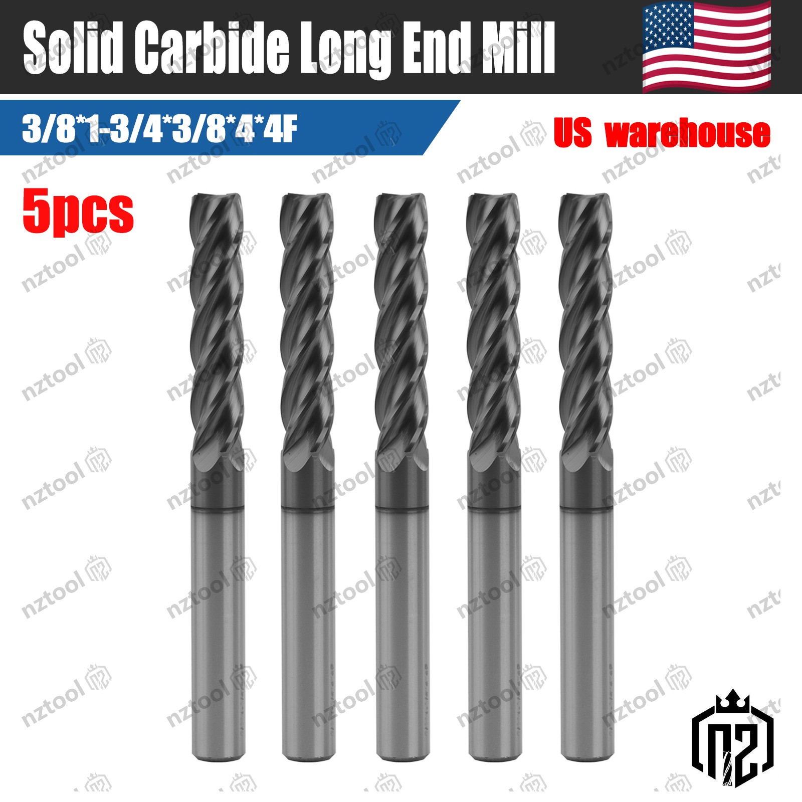 5PCS 4 Flute Solid Carbide 3/8