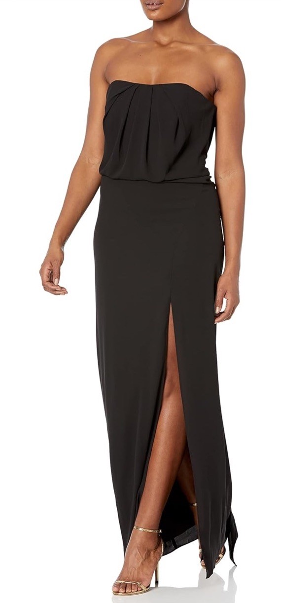 $425 Halston Heritage Strapless Drape Back Flowy Gown Bustier Slit Black 0 $425 Halston Heritage Strapless Drape Back Flowy Gown Bustier Slit Black 0