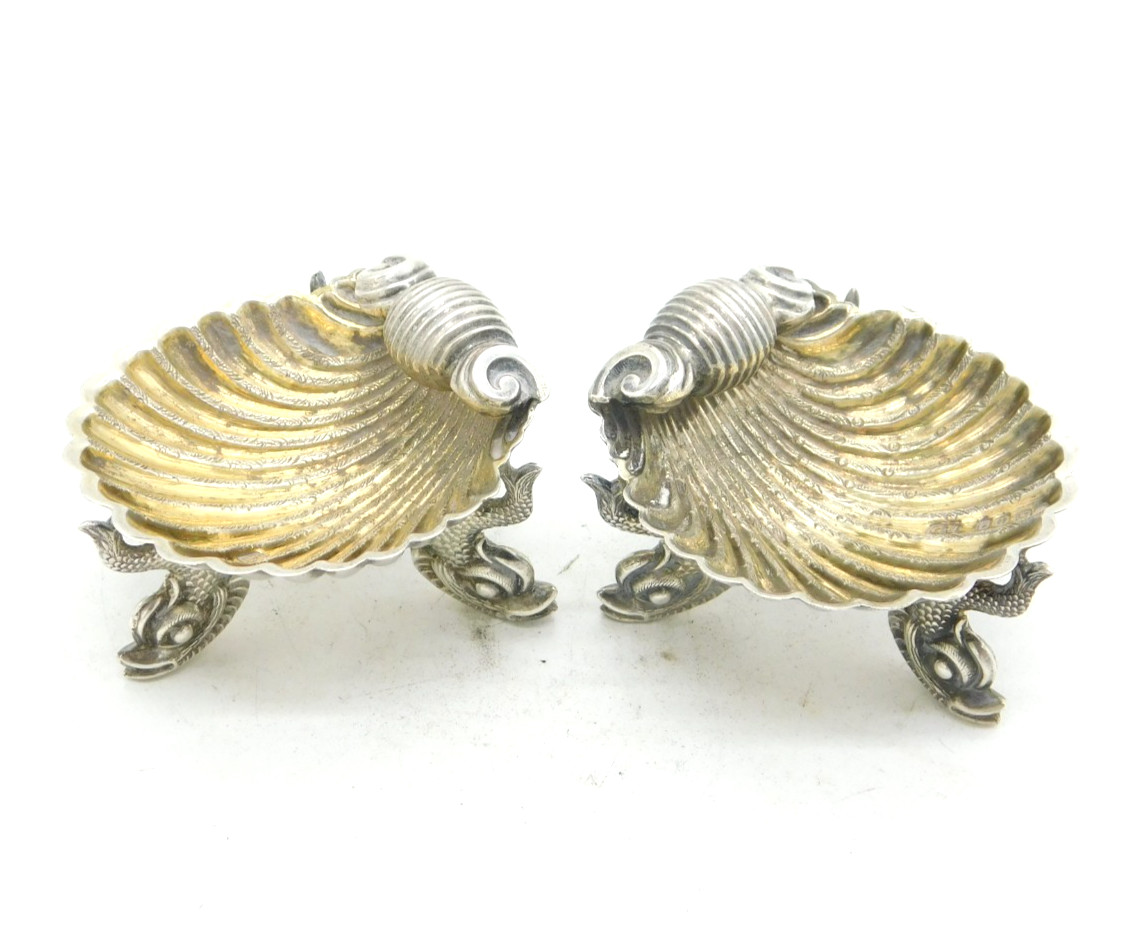 Victorian Pair of Sterling Silver Dolphin Salt Cellars Antique 1874 Birmingham