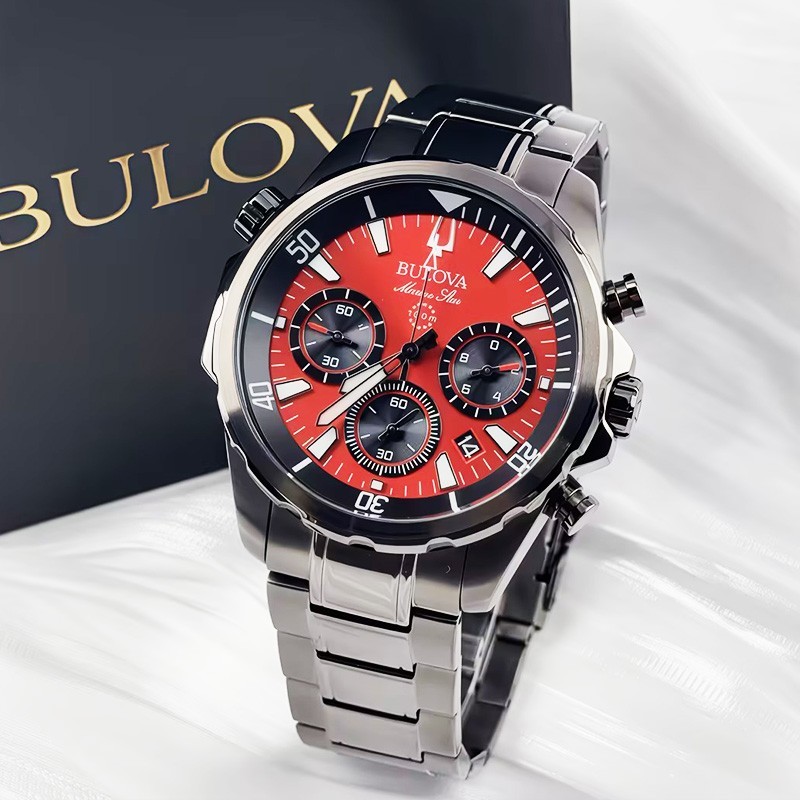 Bulova Marine Star 98B350 Men's Chronograph Quartz Watch Red Dial Stainless 43mm
