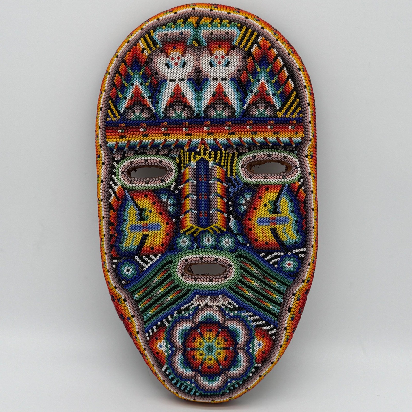 Vintage Mexican Huichol Beaded Mask Hand Carved Wood Wixarika Folk Art 11\