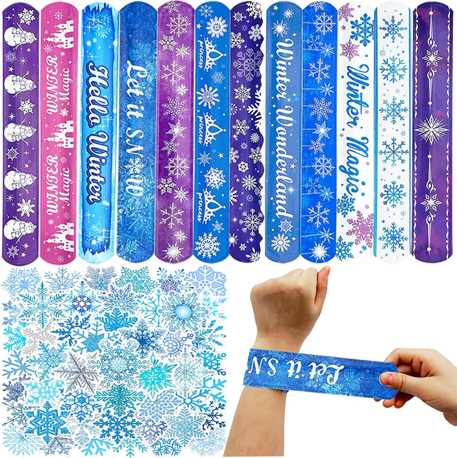 50PCS Stickers, 74PCS Snowflake Party Favors with 24PCS Slap Bracelets 50PCS Stickers, 74PCS Snowflake Party Favors with 24PCS Slap Bracelets