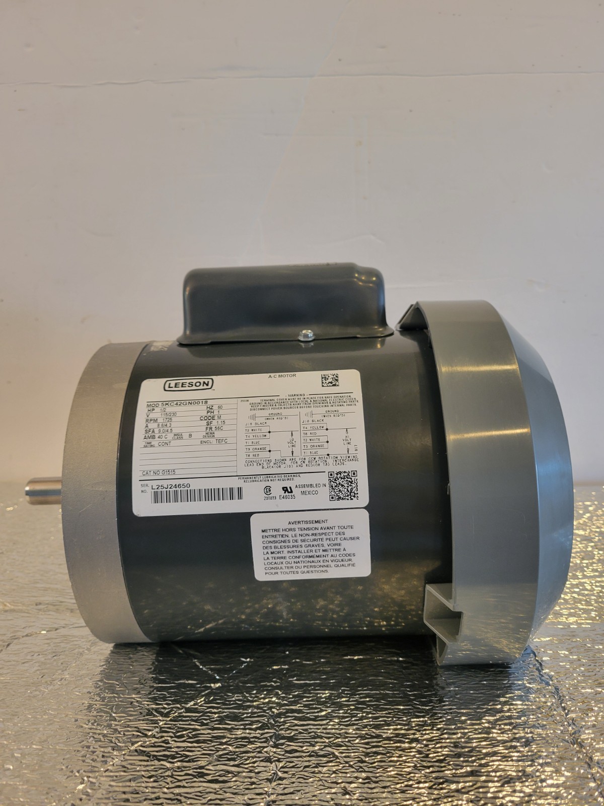 Leeson Model 5KC42GN0018, HP 1/2 115/230V 56C AC Motor RPM 1725 Ser. #L25J24650 Leeson Model 5KC42GN0018, HP 1/2 115/230V 56C AC Motor RPM 1725 Ser. #L25J24650