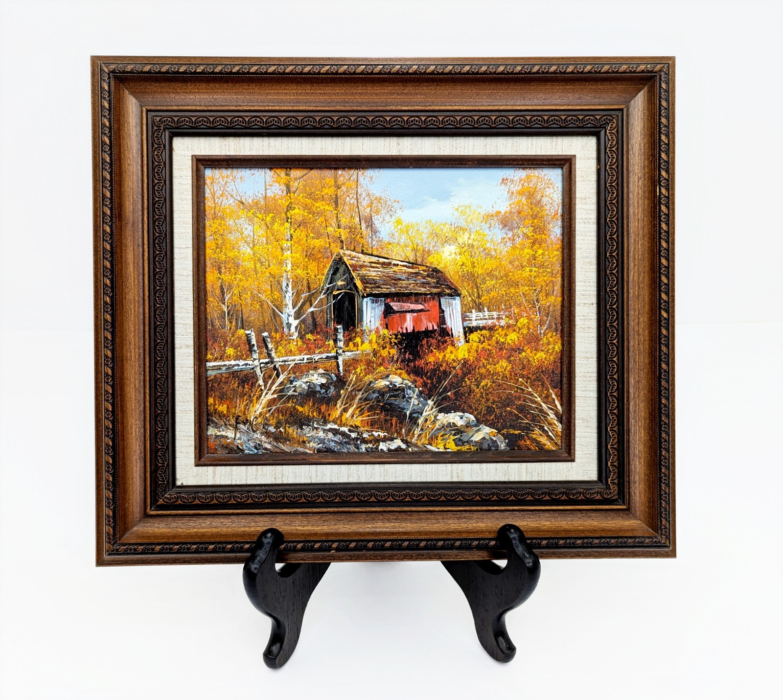 Vintage Original Covered Bridge Landscape Painting Framed Autumn Rural Fall SM