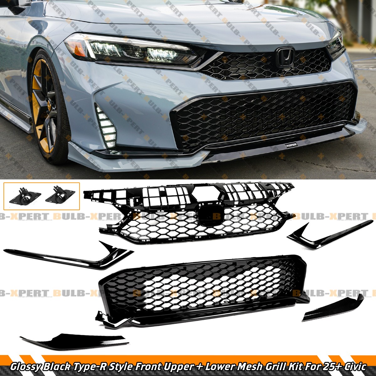 For 2025-2026 Honda Civic Gloss Black FL5 Style Front Upper + Lower Bumper Grill