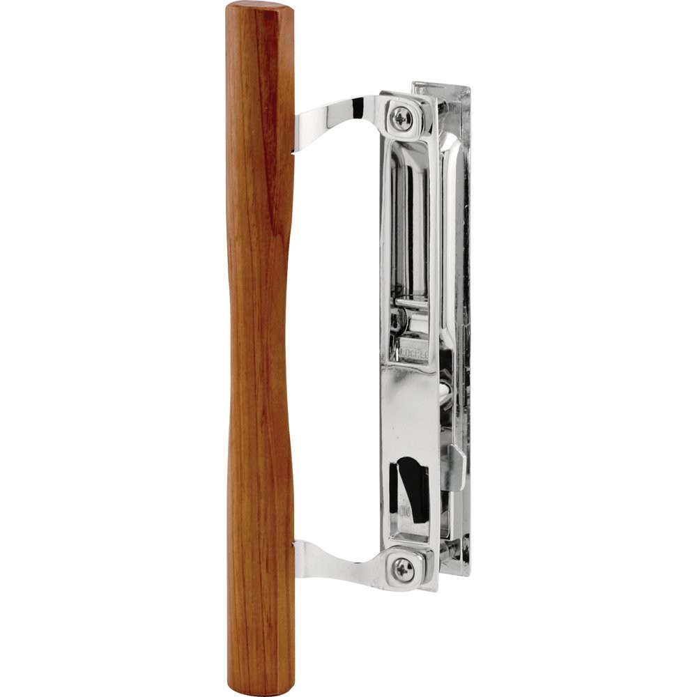 Chrome Patio Door Handle with Wood Pull 6 5/8 Inch Mounting Non Handed Latch Set