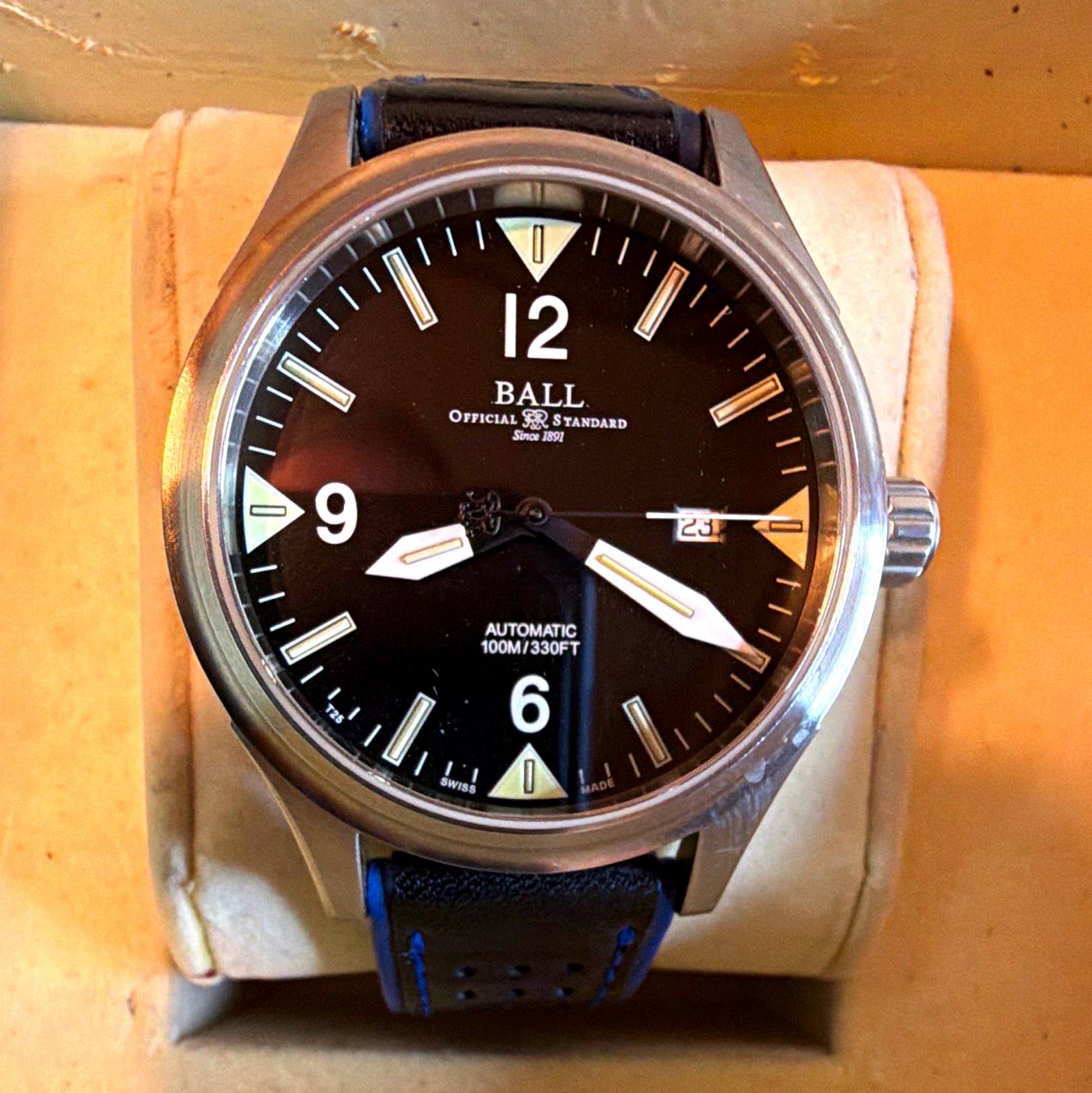 BALL Fireman II 100m Black Dial Date 44mm Steel Leather Strap Box Papers