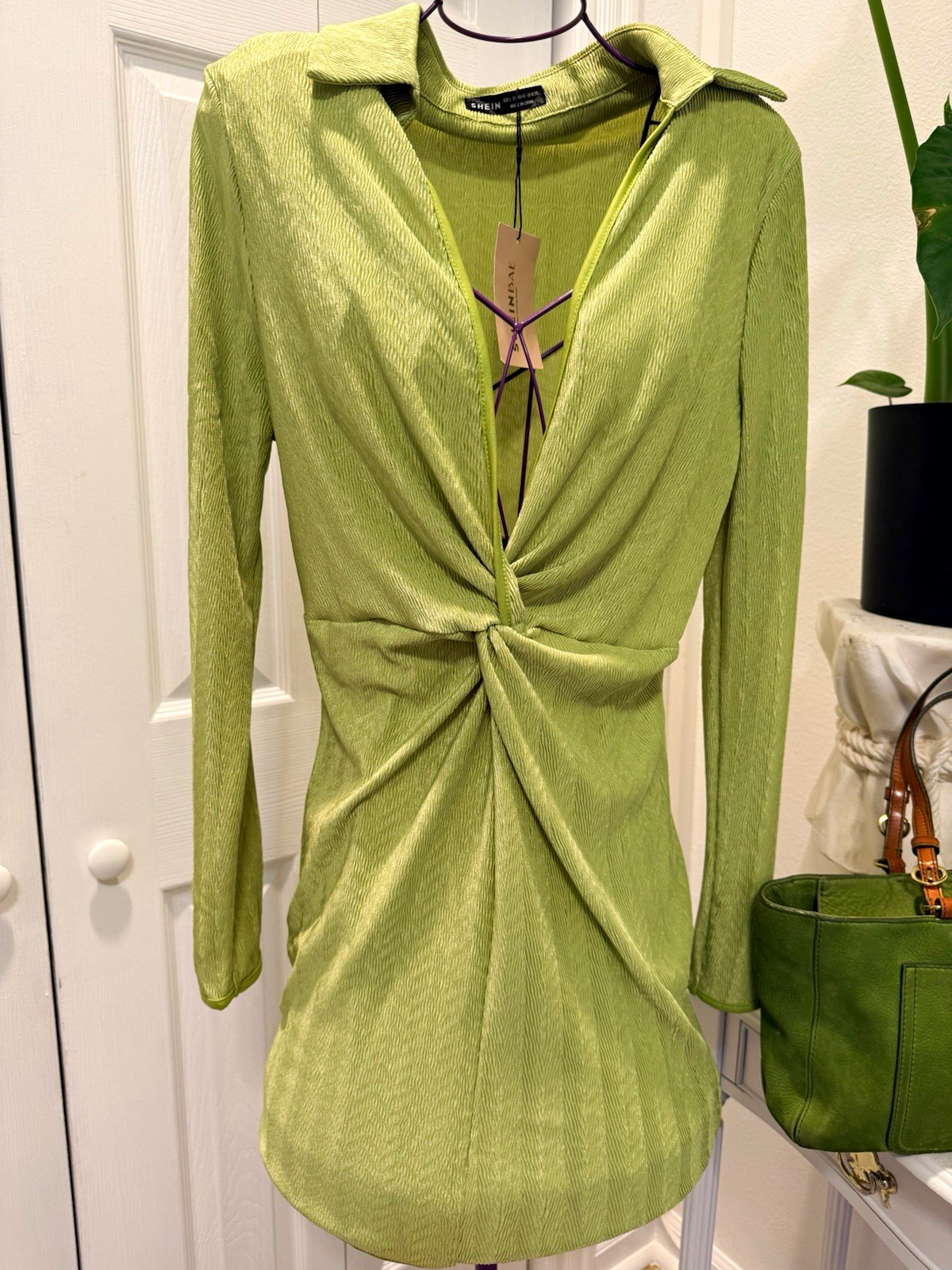 SHEIN Women’s Green Solid Collared Twist Front Long Sleeve Mini Dress L