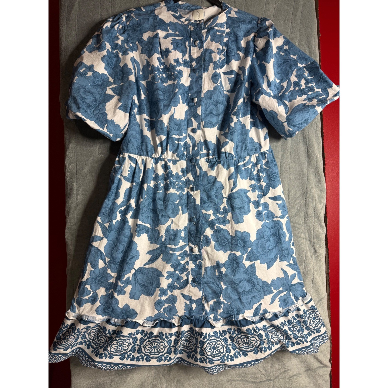 Joie Blue White Floral Puff Sleeve Button Front Mini Dress Size 10 Joie Blue White Floral Puff Sleeve Button Front Mini Dress Size 10