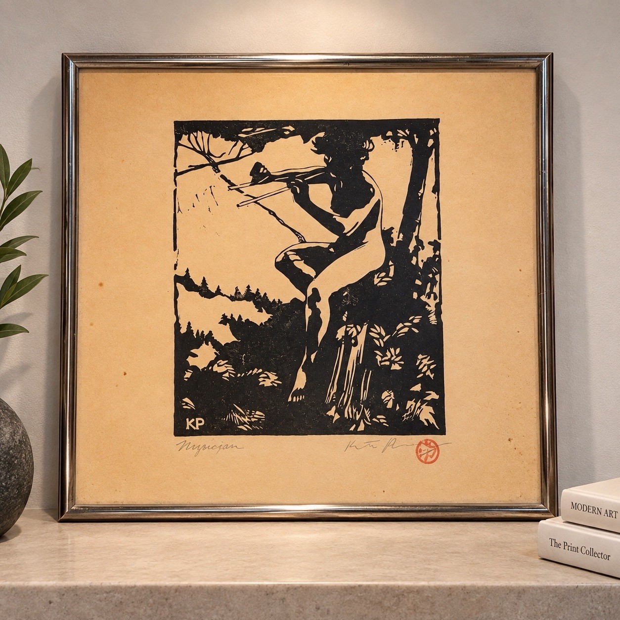 Antique Art Nouveau Nymph Woodcut Print Seated Pan Flute Signed KP Chop Mark