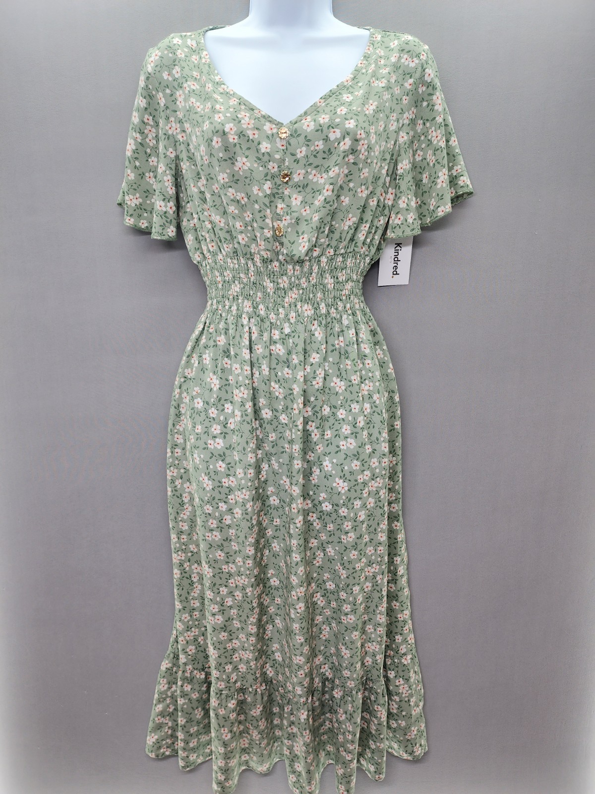Anthropologie Kindred PL Sage Dress Floral Smocked Ruffle Golden Buttons