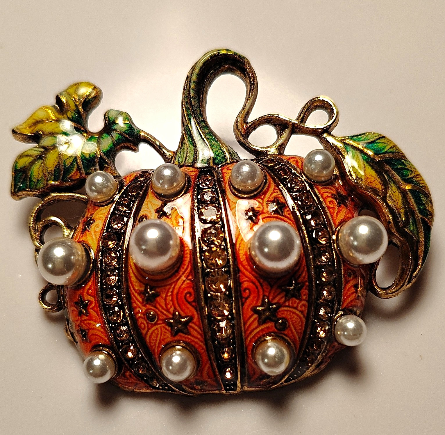 Signed Pumpkin Brooch Pin Orange Enamel Gold Tone Simulated Pearl Crystal Signed Pumpkin Brooch Pin Orange Enamel Gold Tone Simulated Pearl Crystal