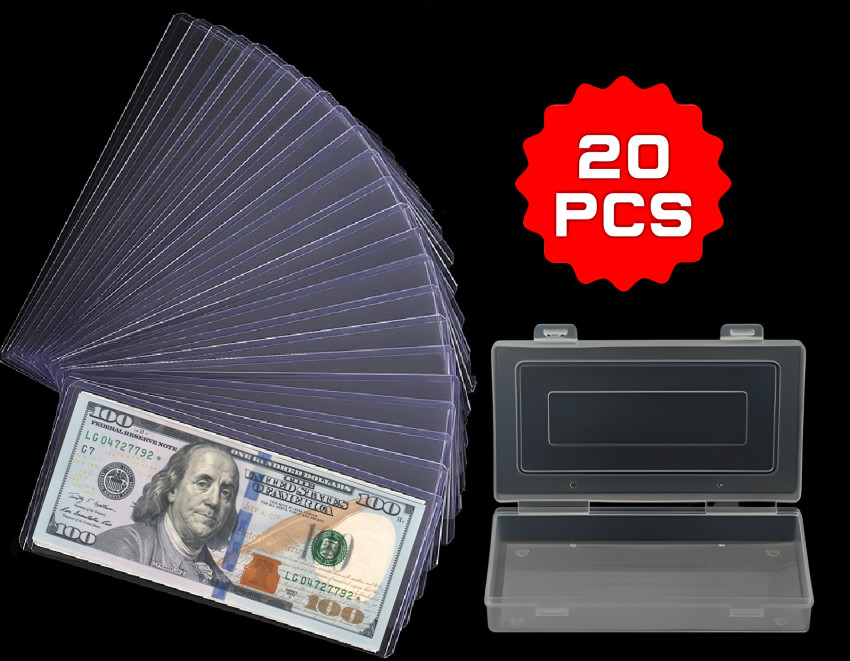 20 Pack Dollar Bill Holder -Clear Rigid Topload Currency Sleeves + Storage Case 20 Pack Dollar Bill Holder -Clear Rigid Topload Currency Sleeves + Storage Case