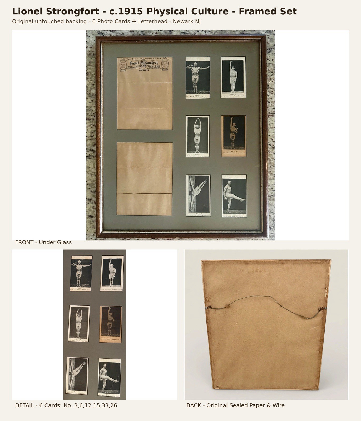Antique 1915 Lionel Strongfort Physical Culture Framed Photo Set Strongman