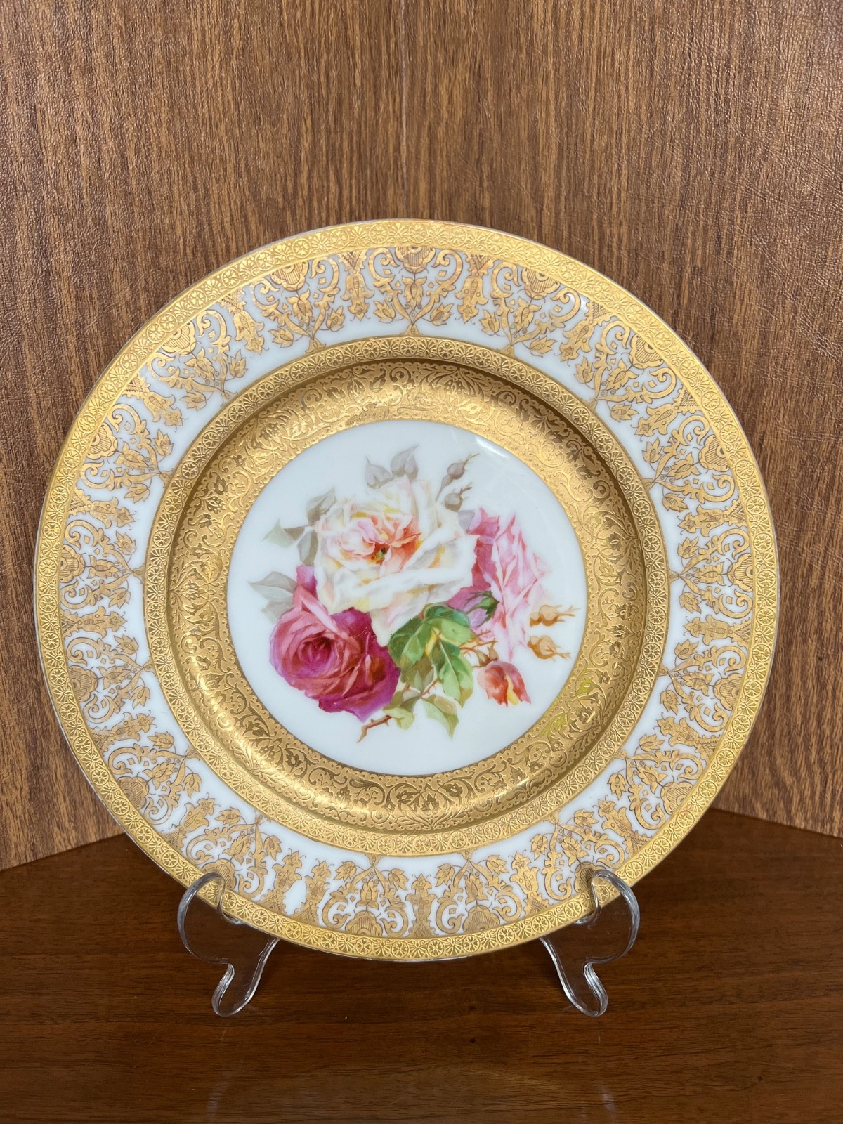 Antique Charles Martin Limoges 10” Cabinet Plate —Heavy Acid Gold Encrusted Rose