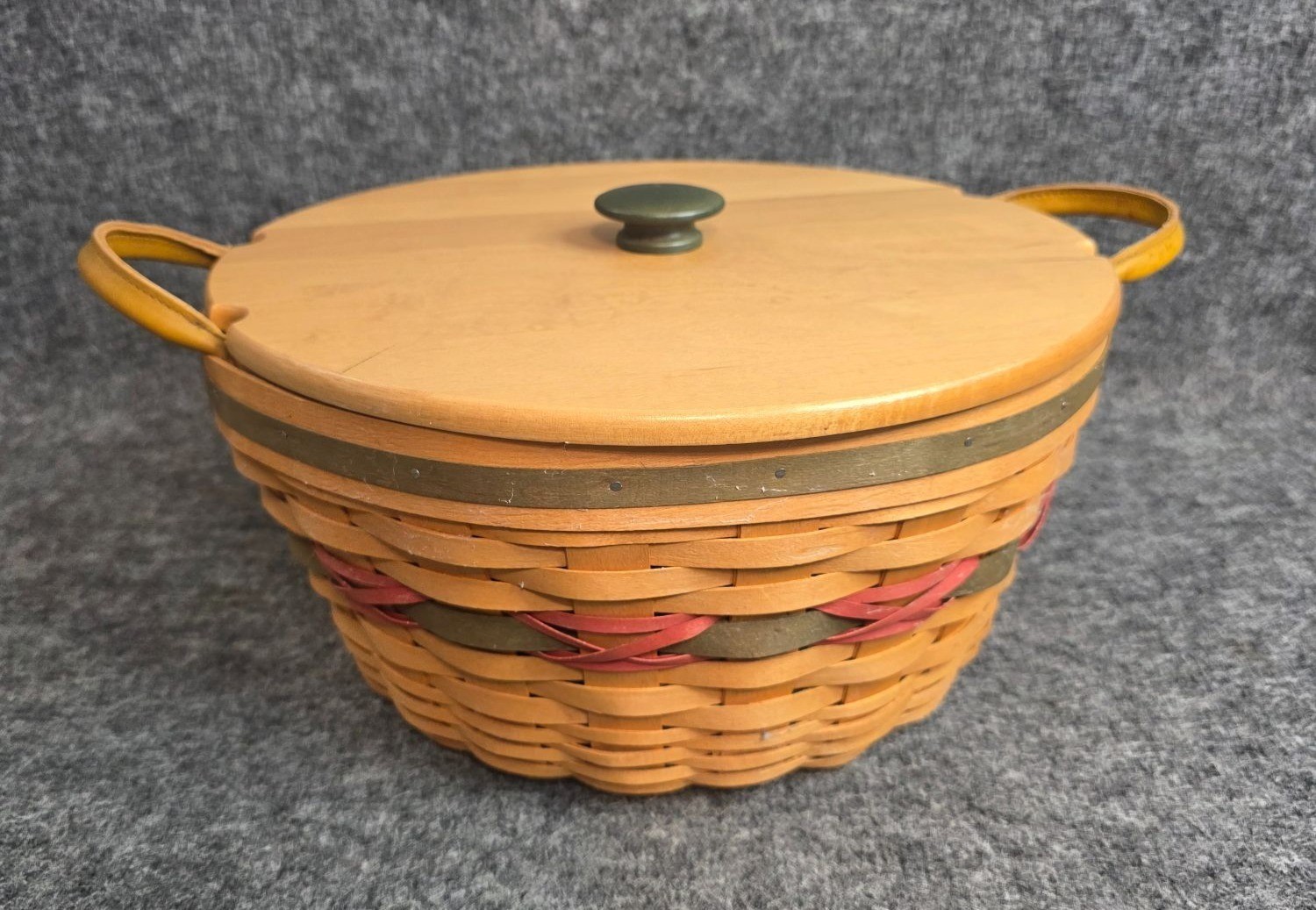 Longaberger 1999 Signed Pine Cone Basket w/ Lid & Liner Handwoven Wooden Lid