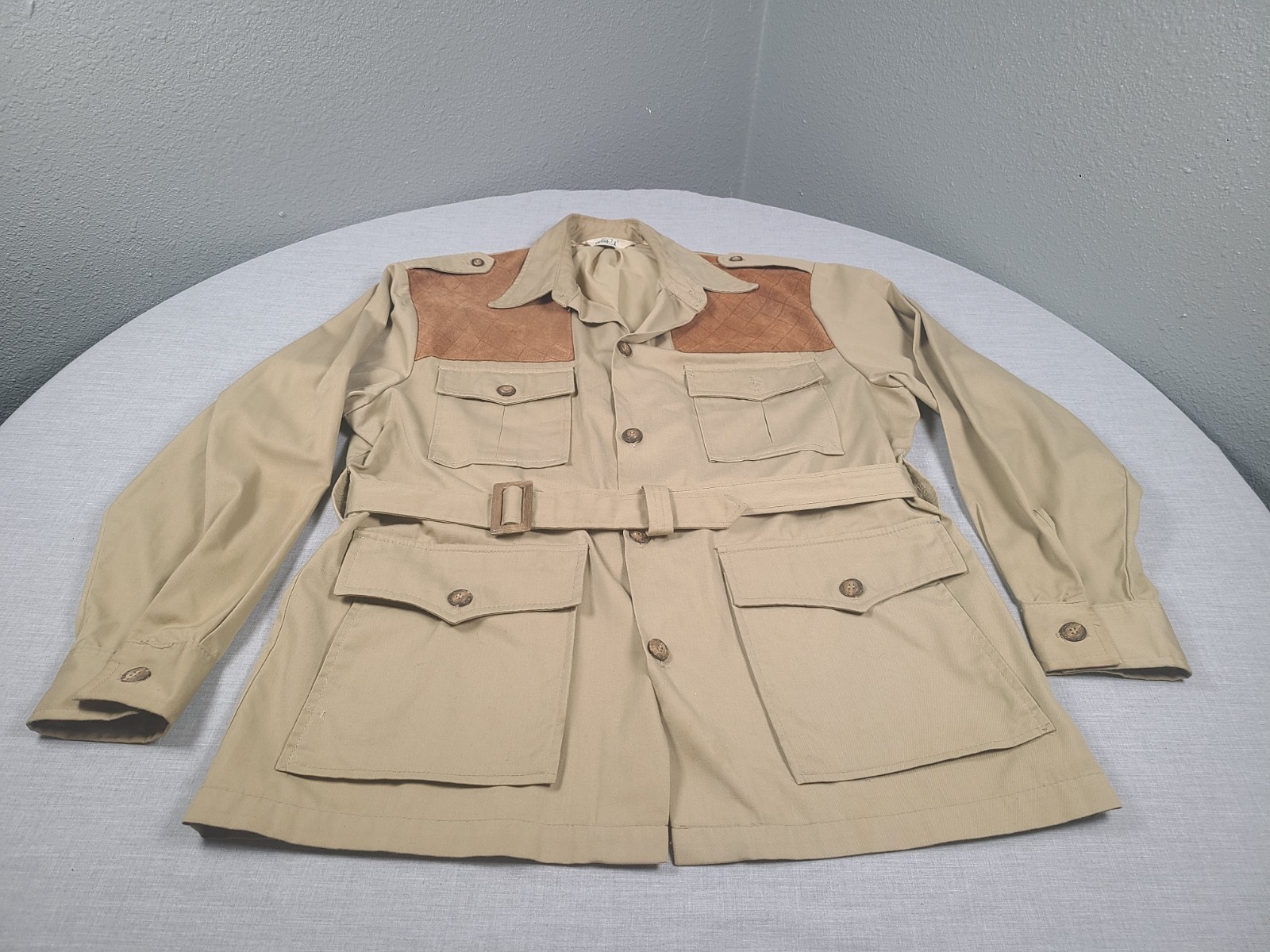 Vintage Woolrich Safari Jacket Mens Large Tan Shooting Field Coat 80s USA Belted
