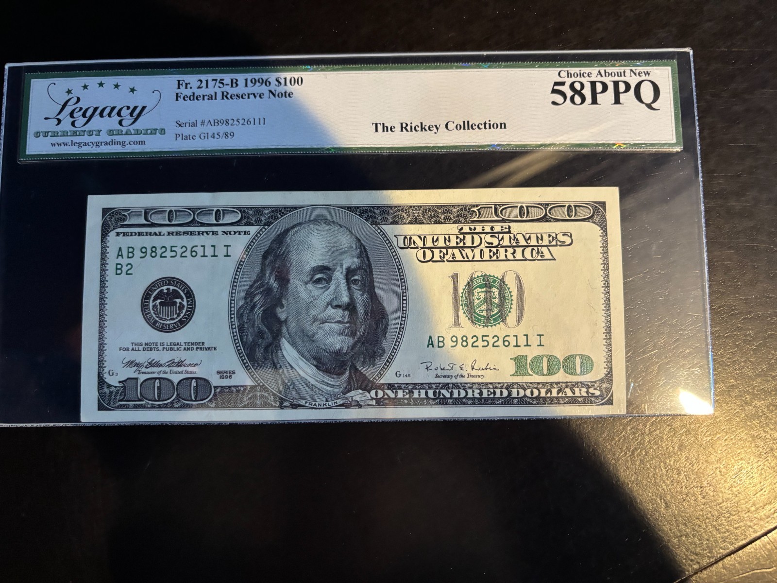 DBR 1996 $100 FRN New York Fr. 2175-B Legacy 58 PPQ Serial AB98252611I