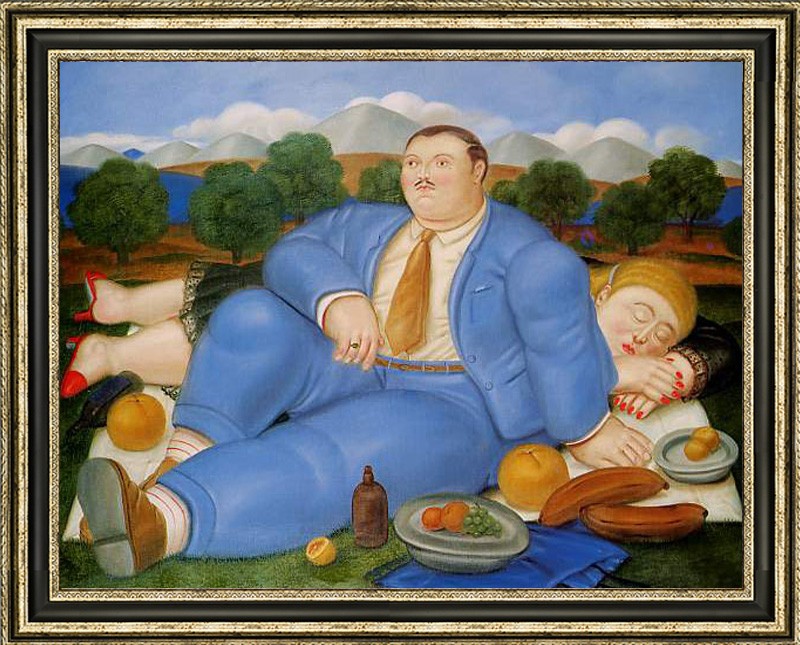 Hand Painted Oil Painting Couple Resting Picnic Fernando Botero Style Figurative