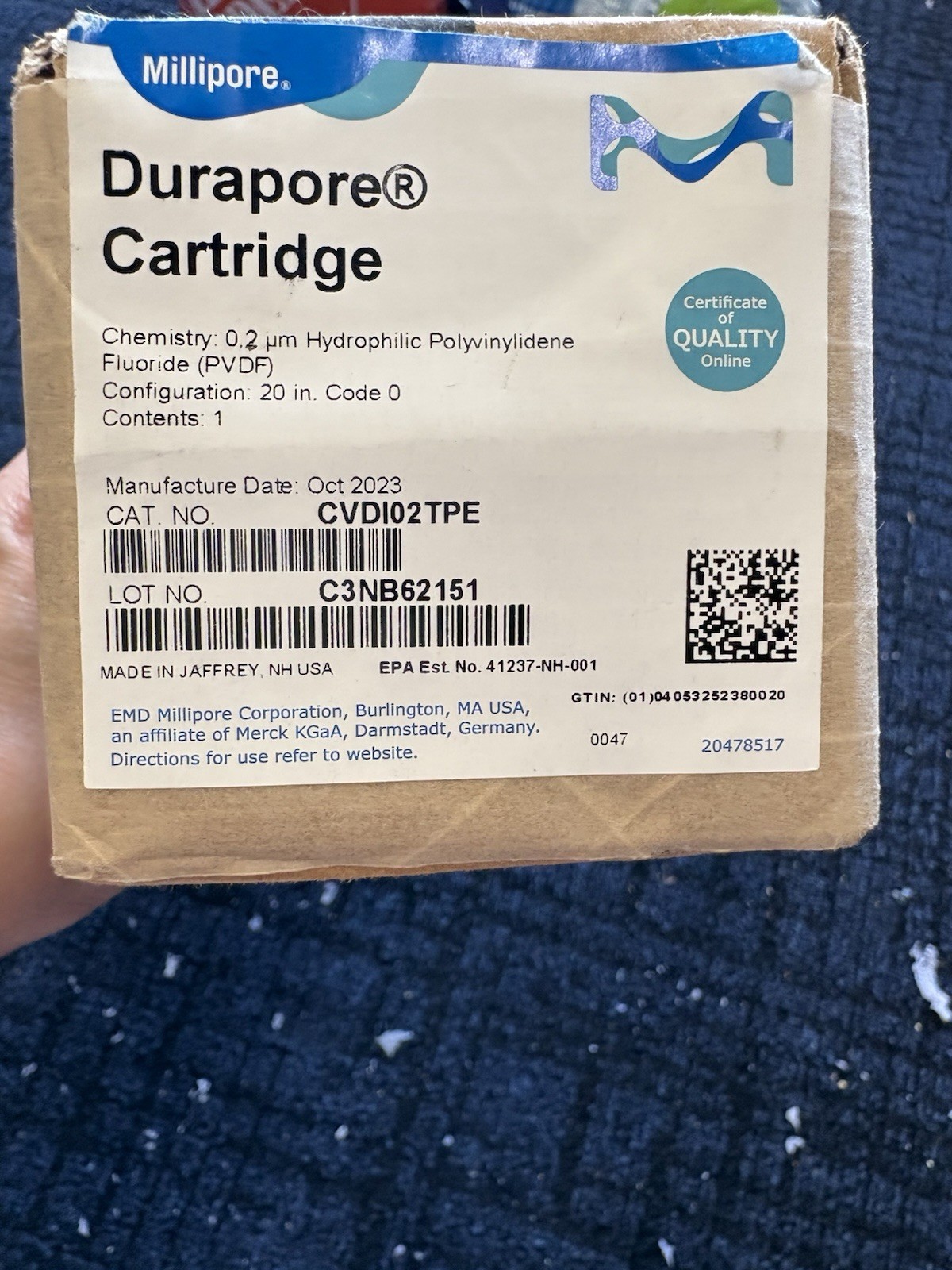 New Millipore CVDI02TPE Durapore Hydrophilic Cartridge Filter 0.2 Micron