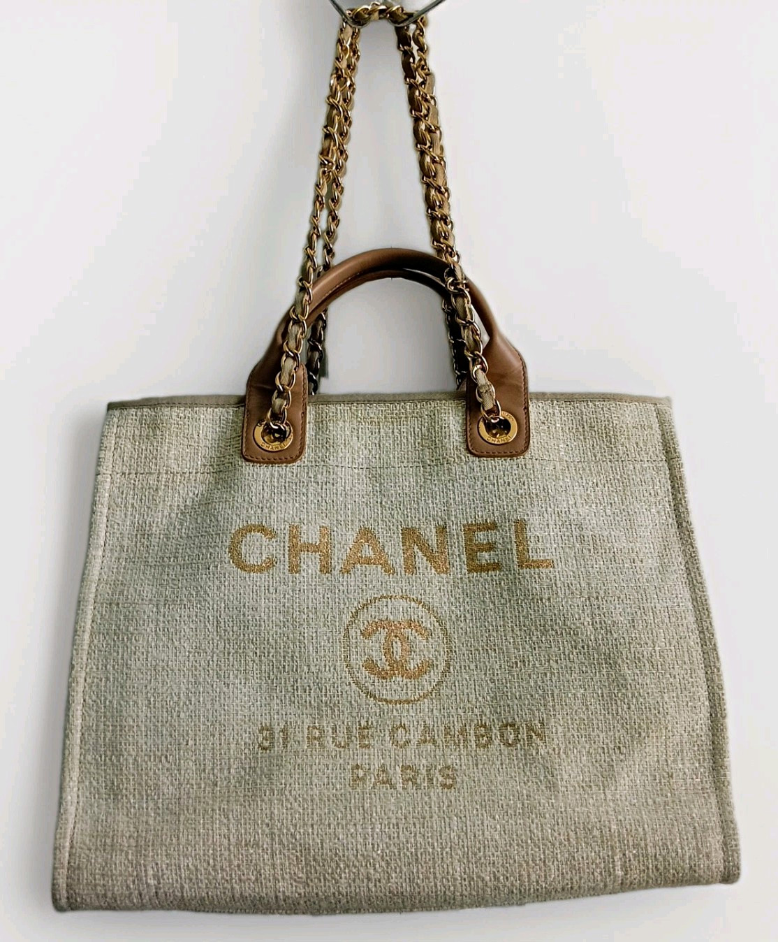 CHANEL Beige Logo Tote Bag Gold Chain Leather Top Handles Detachable Strap