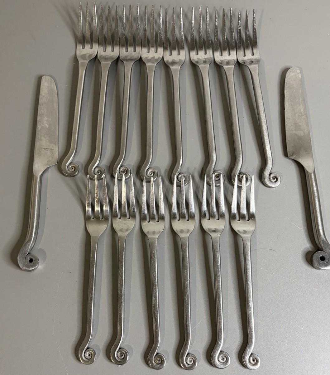PIER 1 COILED SCROLL LILY STAINLESS STEEL FLATWARE SILVERWARE FORK KNIFE SPOON