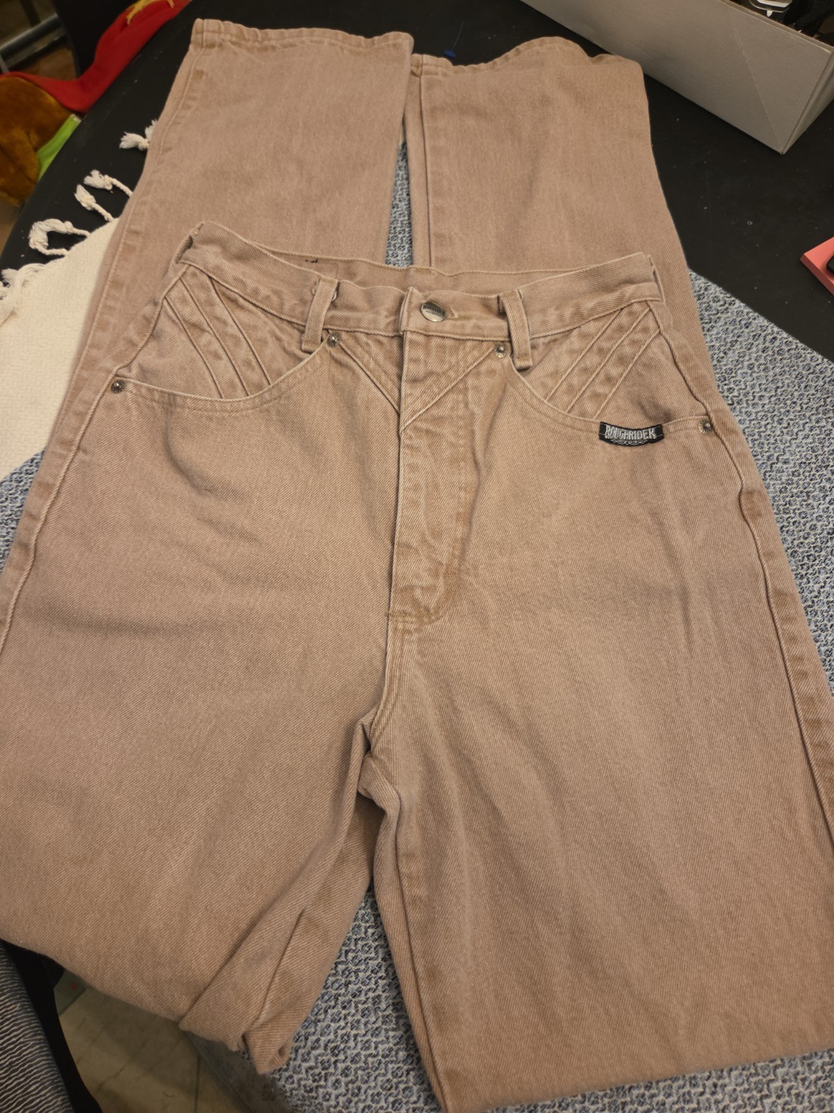 Western Vintage Roughrider Bareback Tan Denim Jeans Circle T 7/8 Waist 36\ Western Vintage Roughrider Bareback Tan Denim Jeans Circle T 7/8 Waist 36\