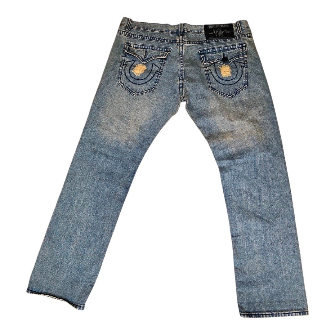 True Religion Billy Rainbow Jeans Mens 42x34 Distressed Thick Stitch Flap Pocket