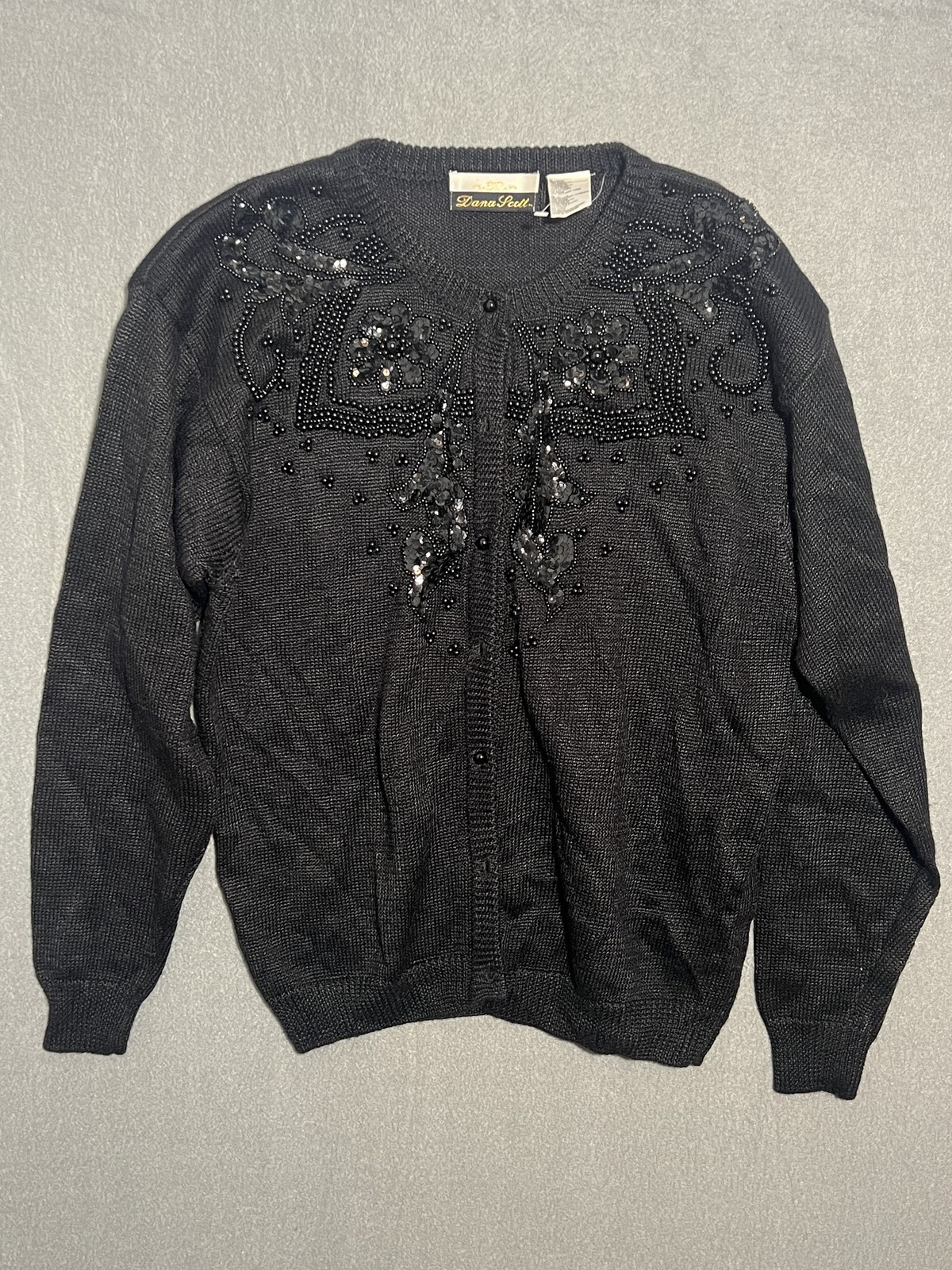 Dana Scott Women\'s Black Beaded Sequin Cardigan Sweater Size L Large Vintage Dana Scott Women\'s Black Beaded Sequin Cardigan Sweater Size L Large Vintage