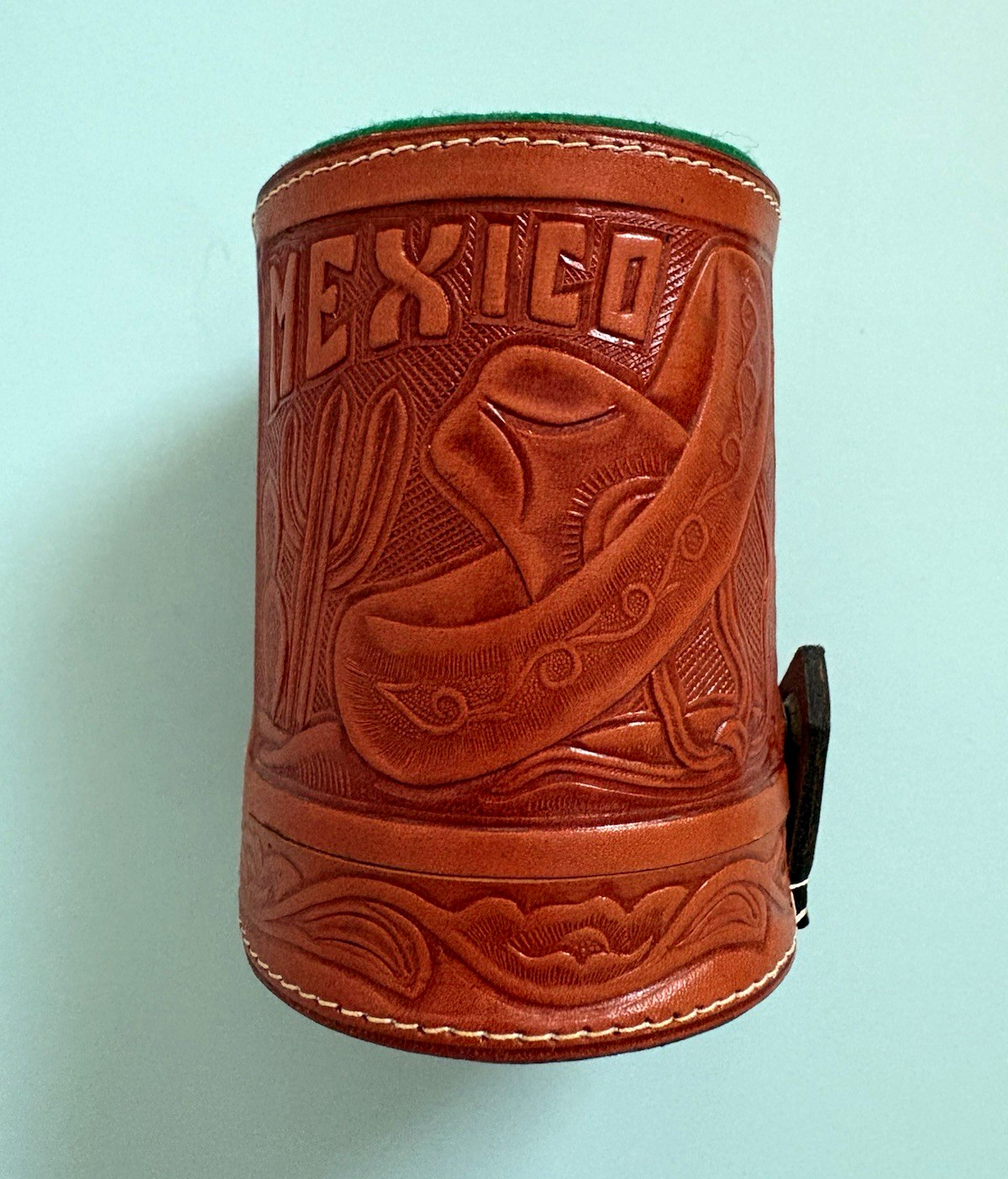 Vintage Mexican Tooled Leather Dice Cup with 5 Poker Dice Vintage Mexican Tooled Leather Dice Cup with 5 Poker Dice