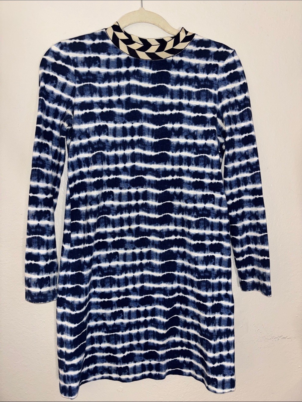 Tory Burch Navy and White Tie-Dye Long Sleeve Shift Dress