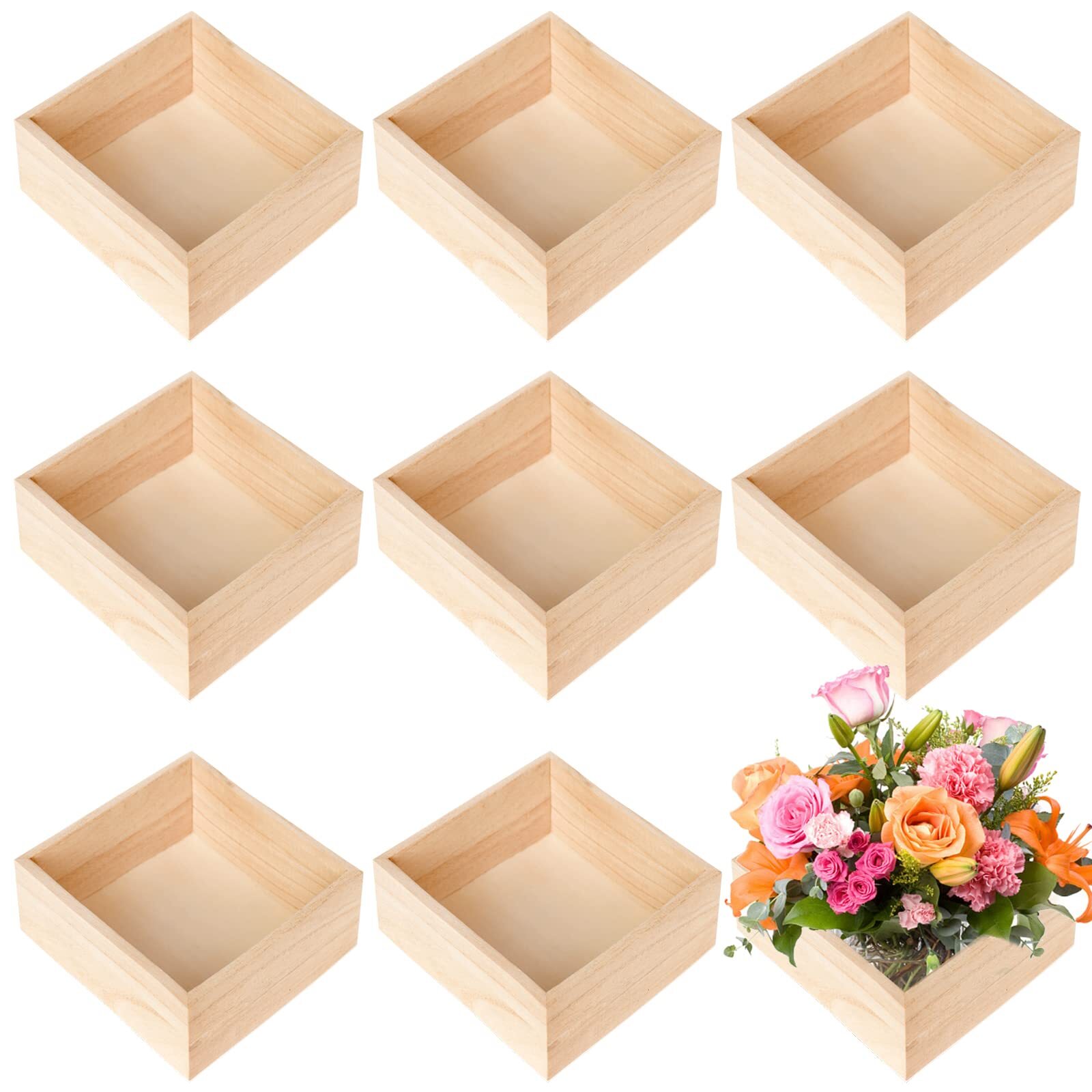8 Pack Unfinished Wooden Box 6 x 6 Inch Square Rustic Small Wooden Box Craft ...