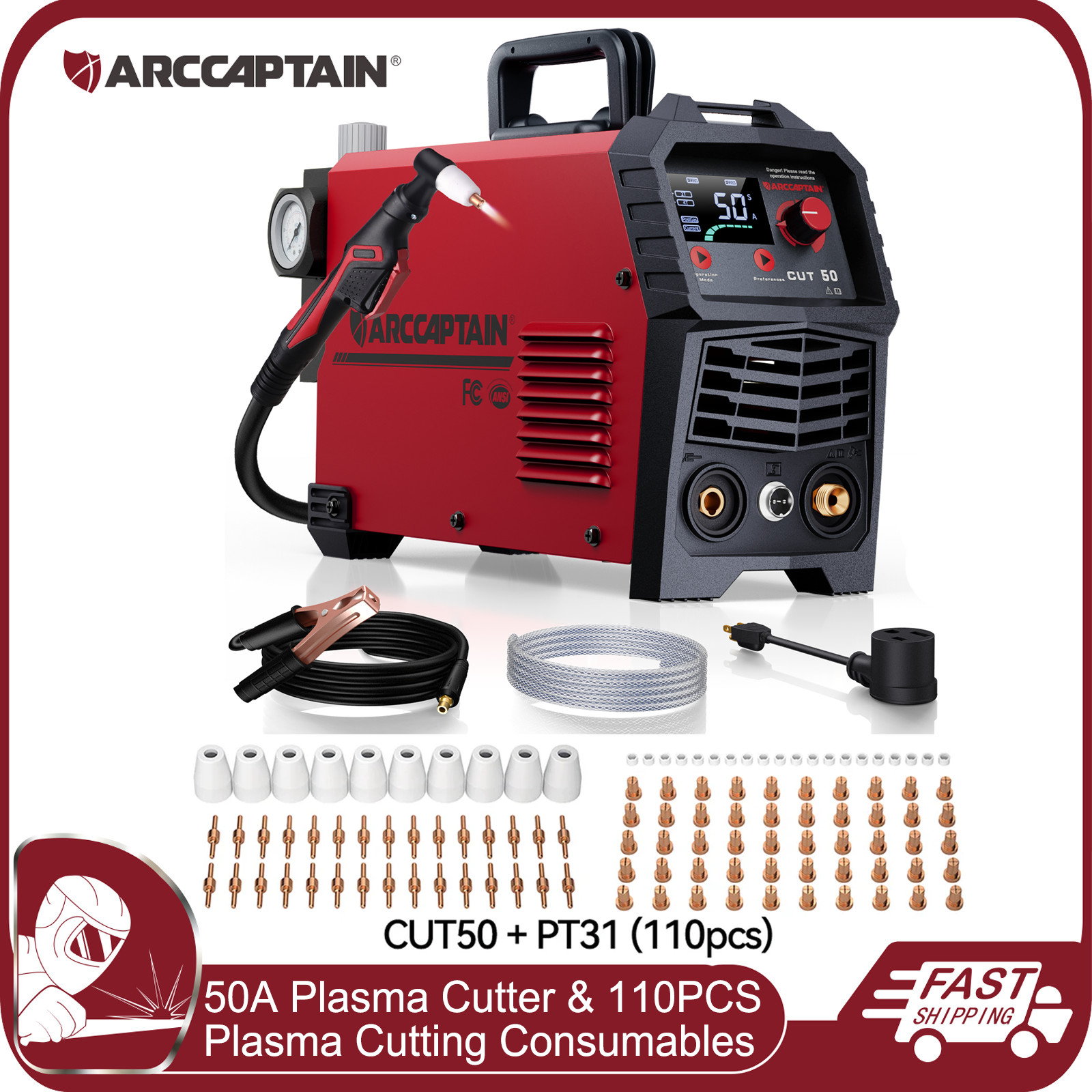 Plasma Cutter 50A Large LED Display 110/220V & 110PCS Plasma Cutting Consumables