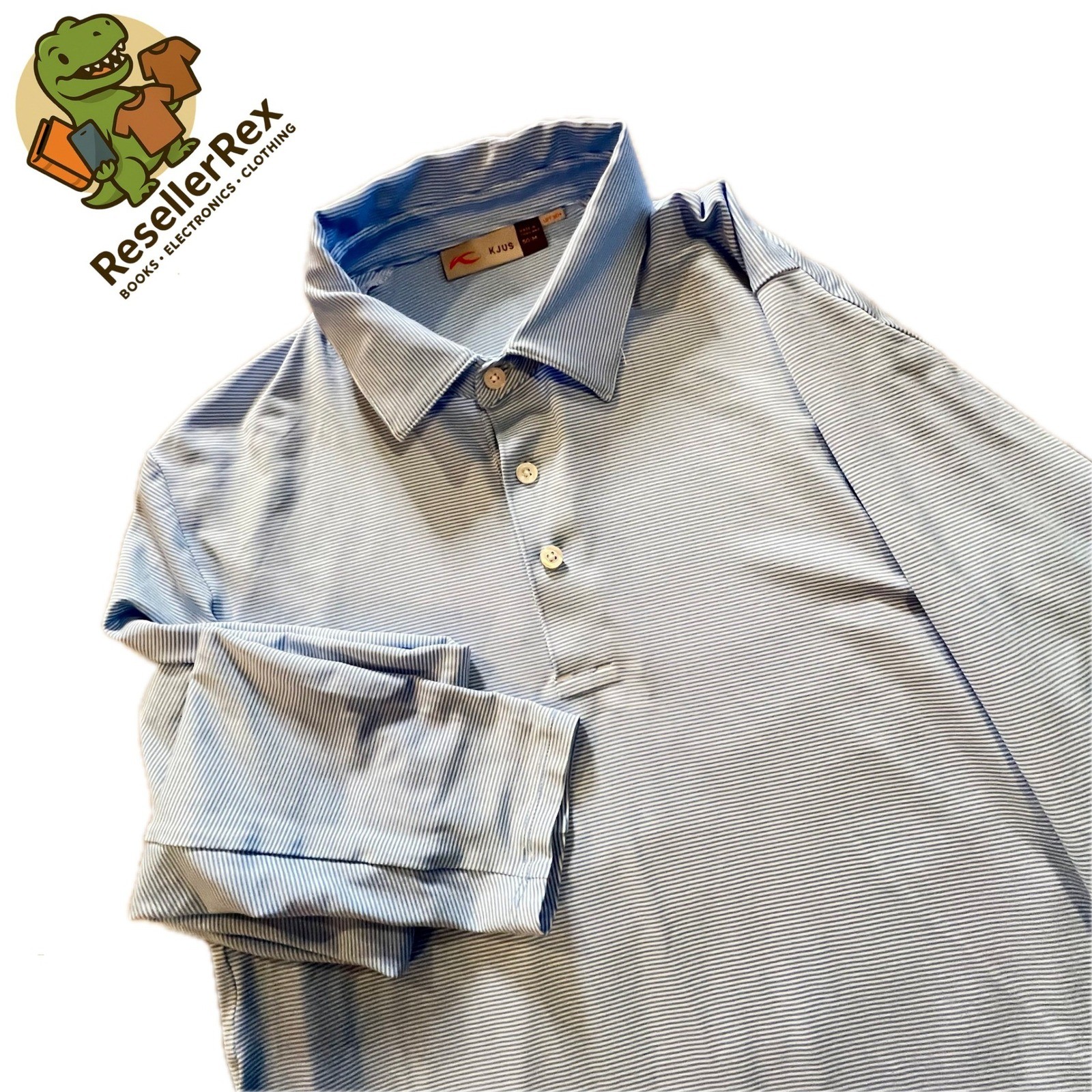 Mens Kjus 50/M Blue Polo Micro-Stripe Polyester Soren Long Sleeve Shirt UPF 50+