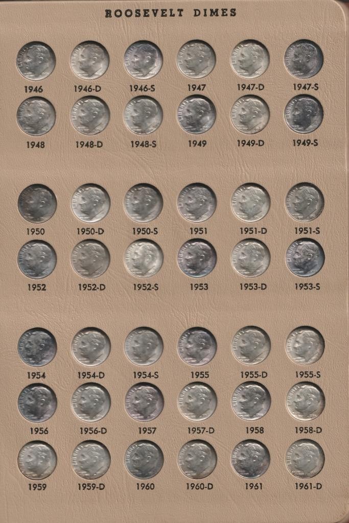 COMPLETE SET BU TO GEM BU/PROOF ROOSEVELT DIMES 1946-1989 PDS DANSCO ALBUM