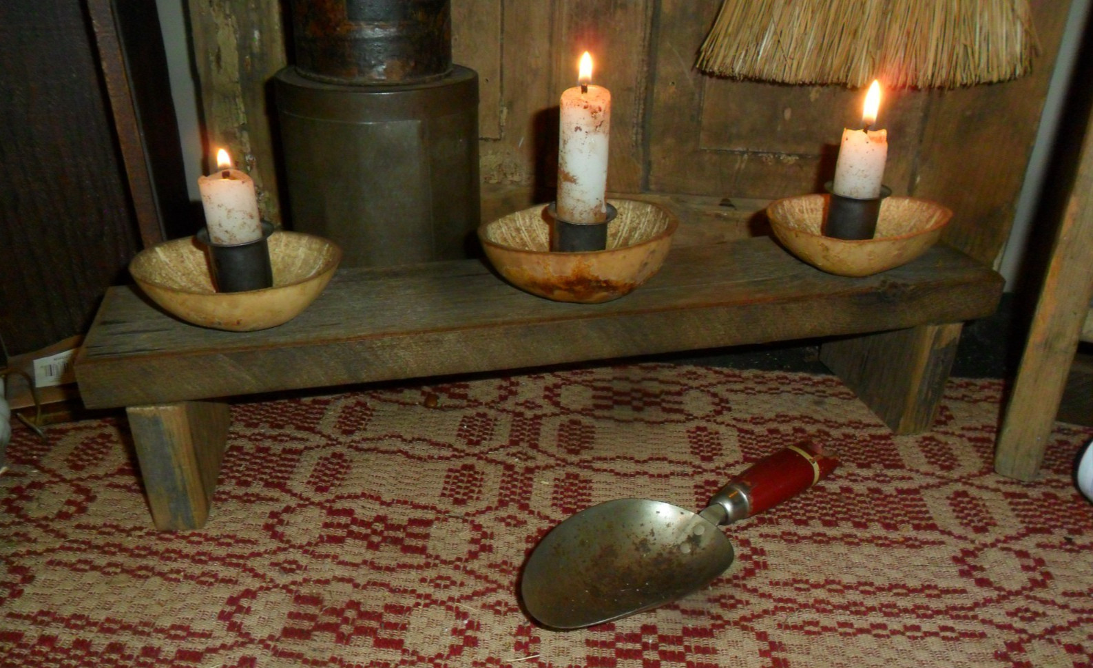 Primitive Early Lighting, Rustic Wood w/ (3) Gourd Bowl Candle Holders & Candles