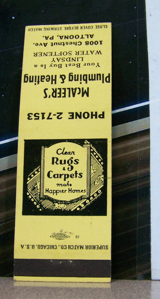 Vintage Matchbook Cover Y5 Altoona Pennsylvania McAleer Plumbing Heating Rugs