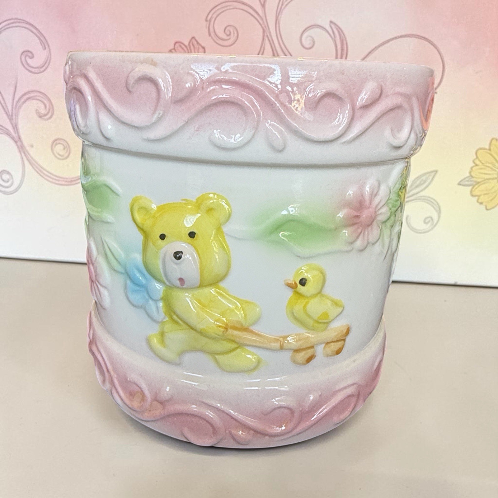 Vintage Nancy Pew Ceramic Planter, Japan. Nursery Planter Pink With Bear & Duck Vintage Nancy Pew Ceramic Planter, Japan. Nursery Planter Pink With Bear & Duck