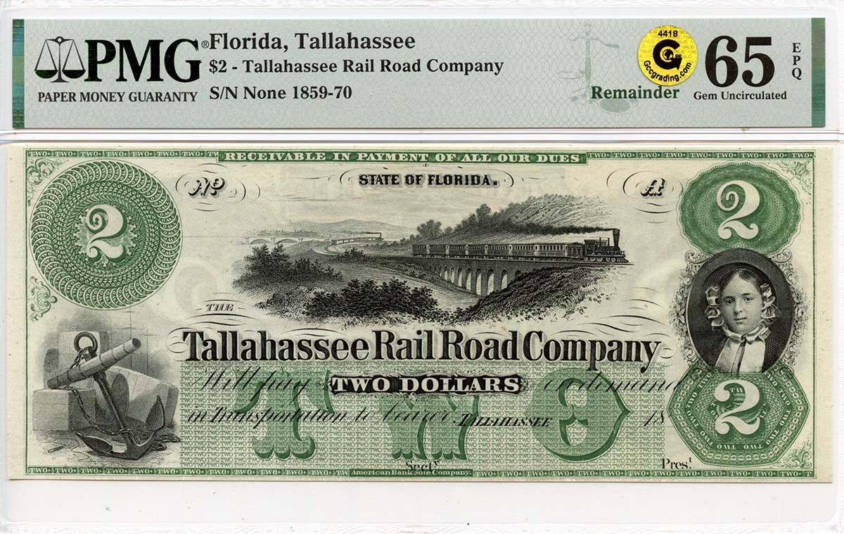 1859-70 $2 Tallahassee, Florida Obsolete Note Rail Road Company PMG GEM 65 EPQ