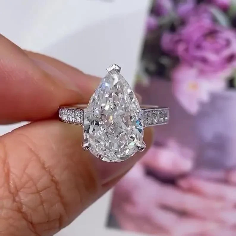 6.00 TCW Pear Cut Real Moissanite Solitaire Engagement Ring 14k White Gold Over
