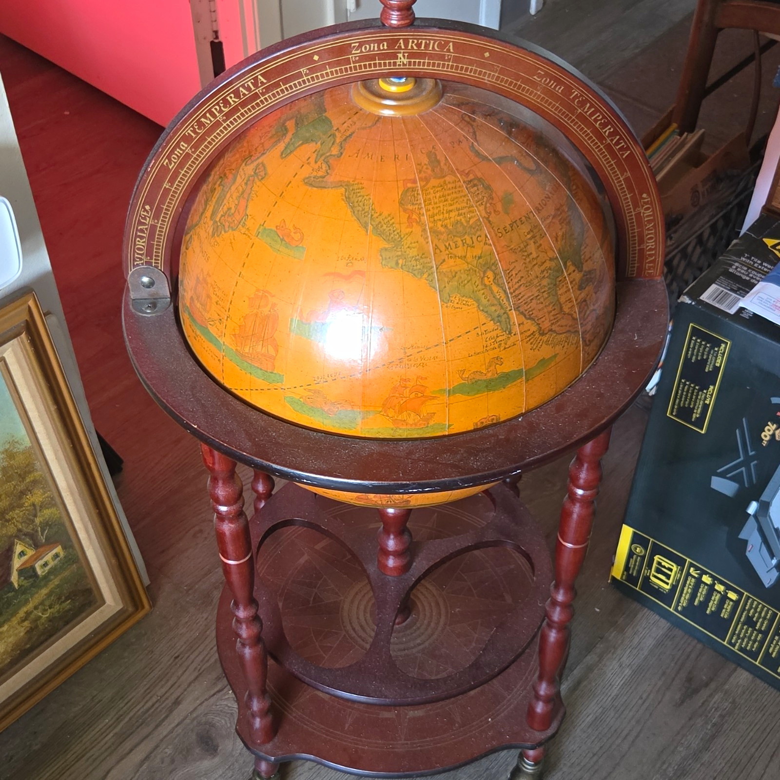 Antique Style Rotating Floor Bar Globe Wood & Metal Stand, Freestanding Base Antique Style Rotating Floor Bar Globe Wood & Metal Stand, Freestanding Base