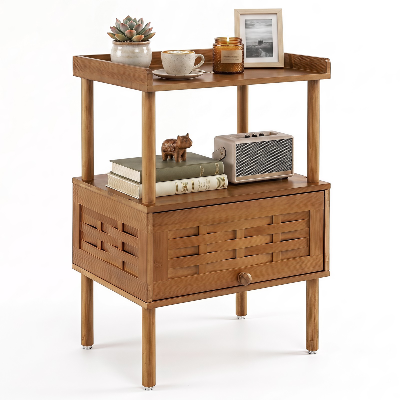 Bamboo Rattan Nightstand, Natural Side Table w/ Raised Edge & Flip-Up Door Bamboo Rattan Nightstand, Natural Side Table w/ Raised Edge & Flip-Up Door