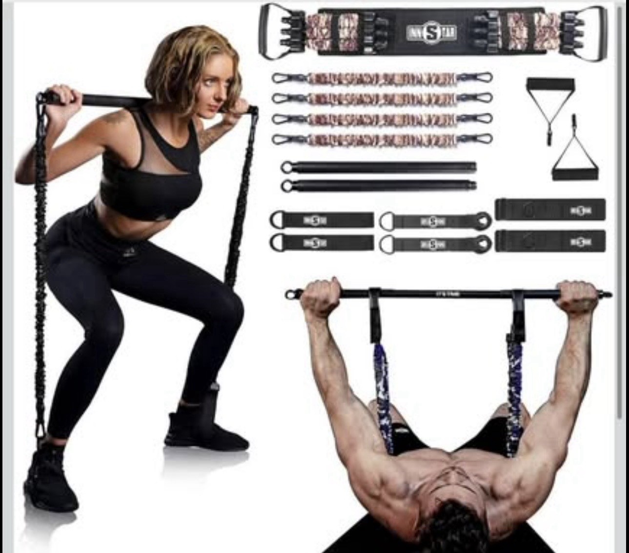 Portable Home Gym Set with Workout Bar, Bench Press Set, Squat Resistance Band,