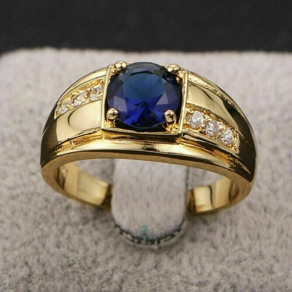 1.60CT Round Natural Blue Sapphire & Diamond Men\'s Wedding Ring 14K Yellow Gold