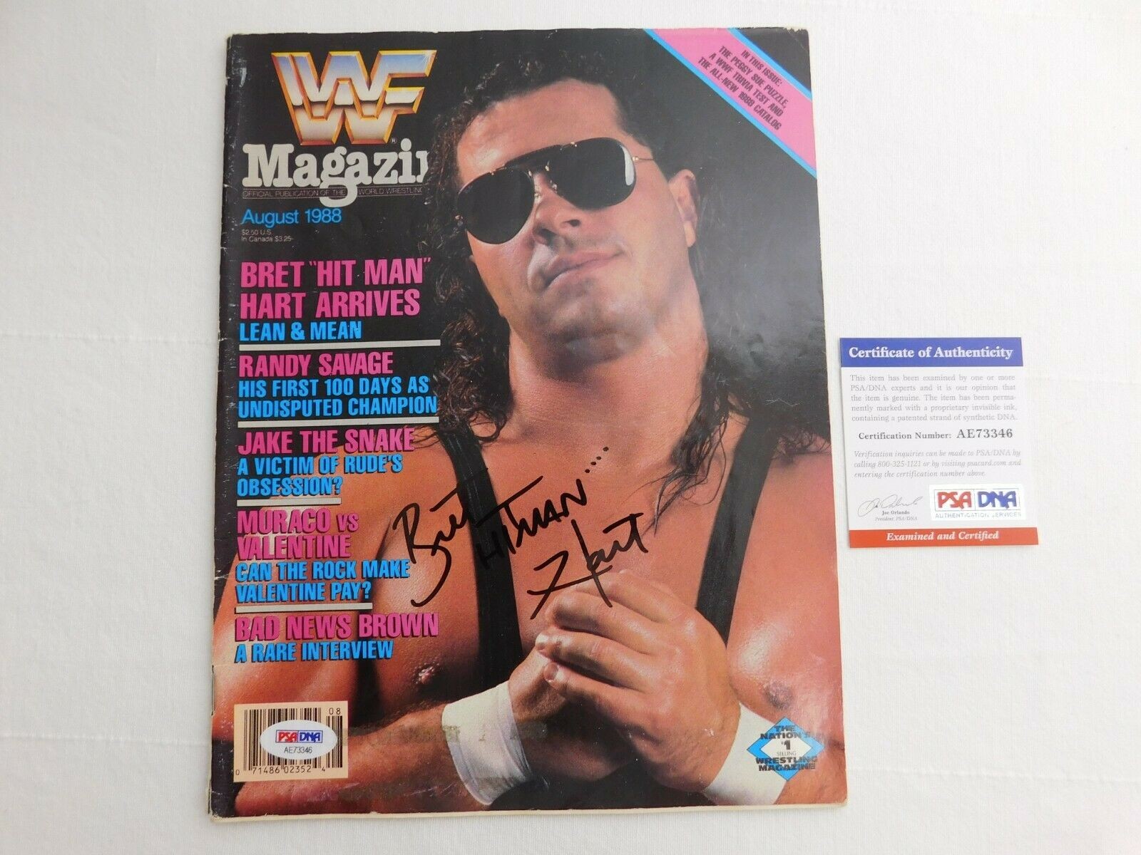 1988 PSA Certified BRET HITMAN HART Signed WWF Magazine August - Cert# AE73346