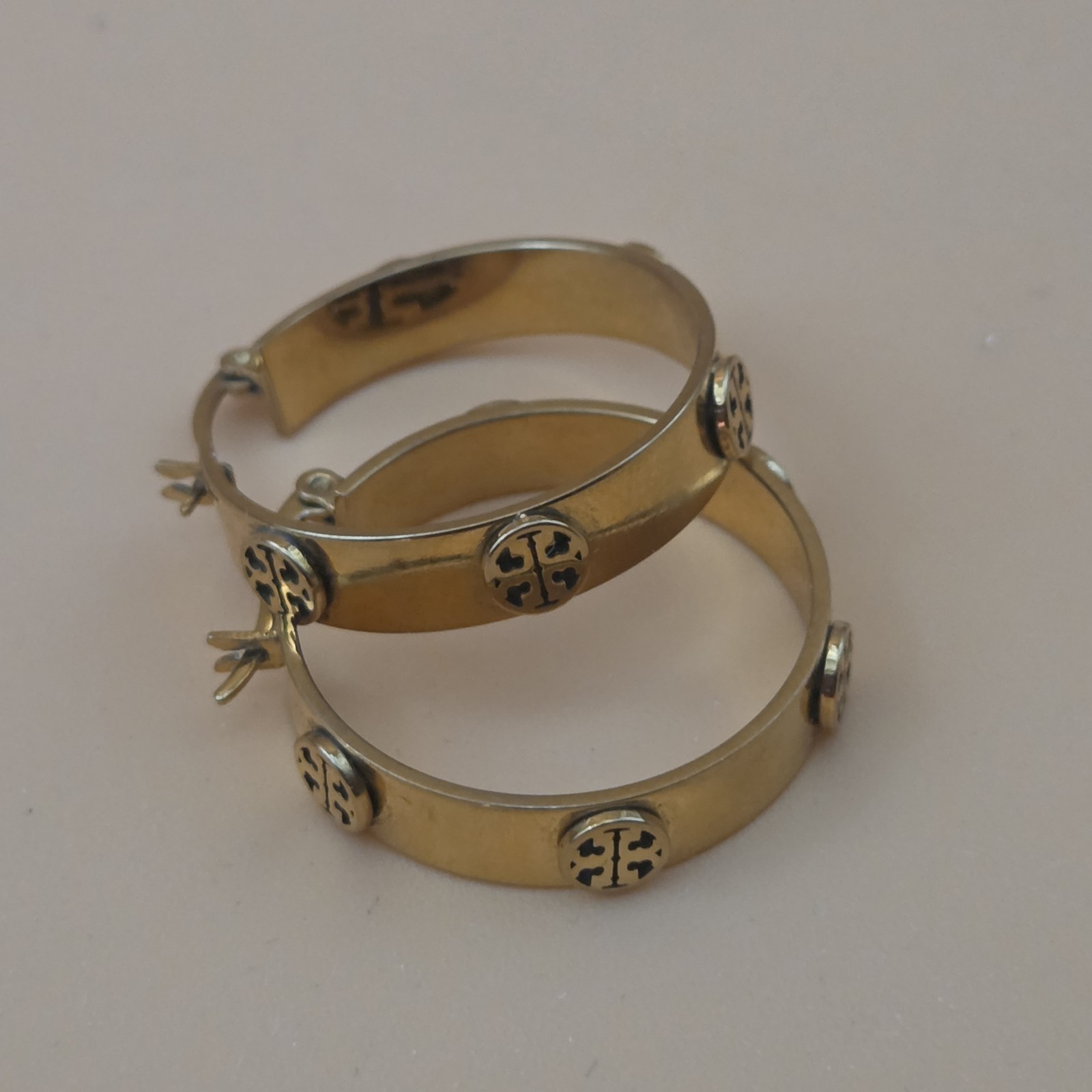Tory Burch Gold Hoop w/ Icon Double T Logo Medallion Gold Plated Earrings Tory Burch Gold Hoop w/ Icon Double T Logo Medallion Gold Plated Earrings