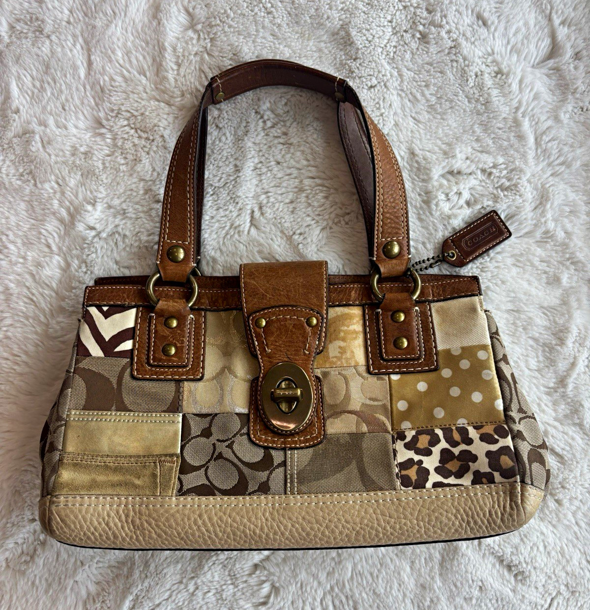 Rare Vintage Coach Patchwork Beige Brown Satchel Turn Lock Brass Charm 10816 Rare Vintage Coach Patchwork Beige Brown Satchel Turn Lock Brass Charm 10816