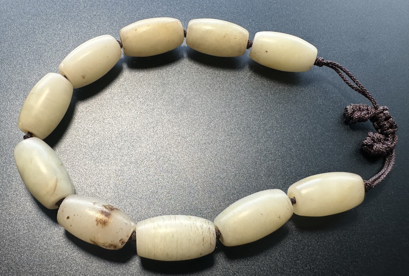 Vintage Chinese White Jade Bead Bracelet 10 Large Barrel Beads Translucent Vintage Chinese White Jade Bead Bracelet 10 Large Barrel Beads Translucent