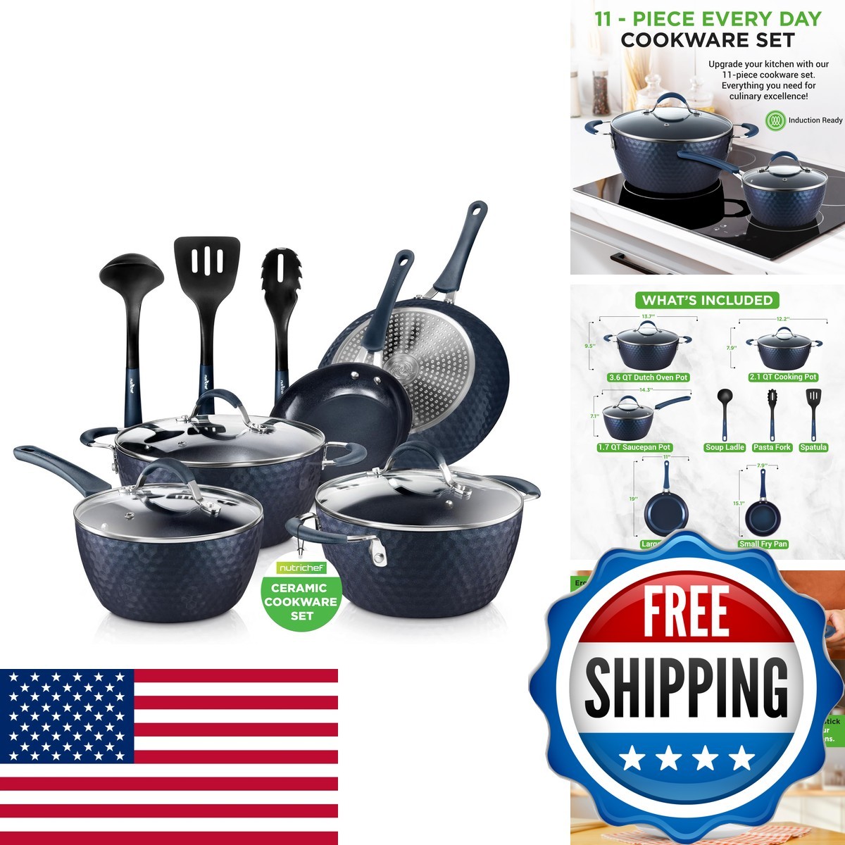 NutriChef NCCW11DS 11 Piece Pots and Pans Set - Diamond Blue