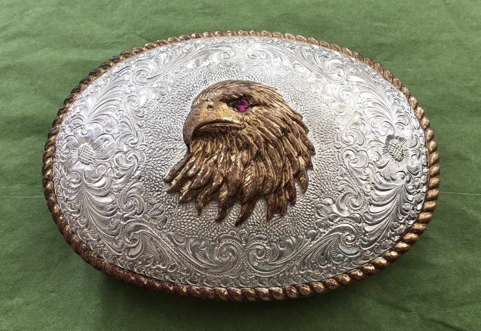 Vintage Premium Heavy Crumrine Arturo Bronze Red Eyed Gem Eagle Belt Buckle